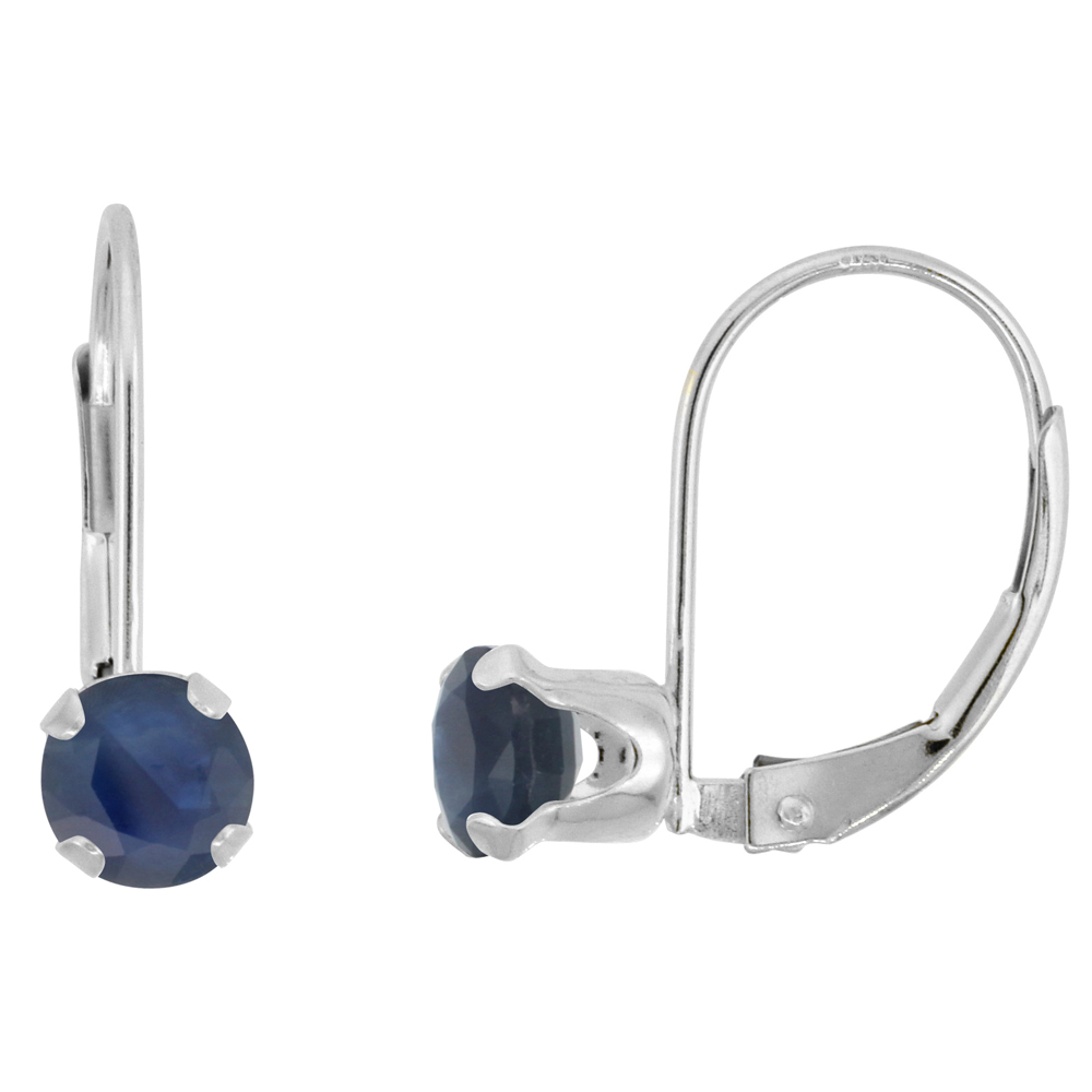 10K WHITE GOLD NATURAL HIGH QUALITY BLUE SAPPHIRE LEVERBACK EARRINGS 5MM ROUND 1 CT, 9/16 INCH