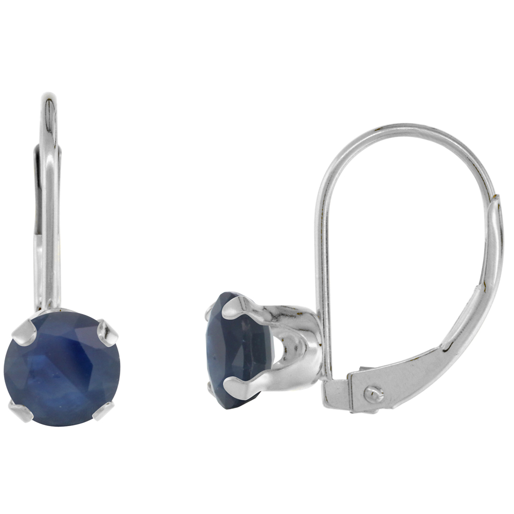 10k White/Yellow Gold Diamond Natural Quality Blue Sapphire Leverback Earrings 6mm Round 1.5 ct,9/16 inch