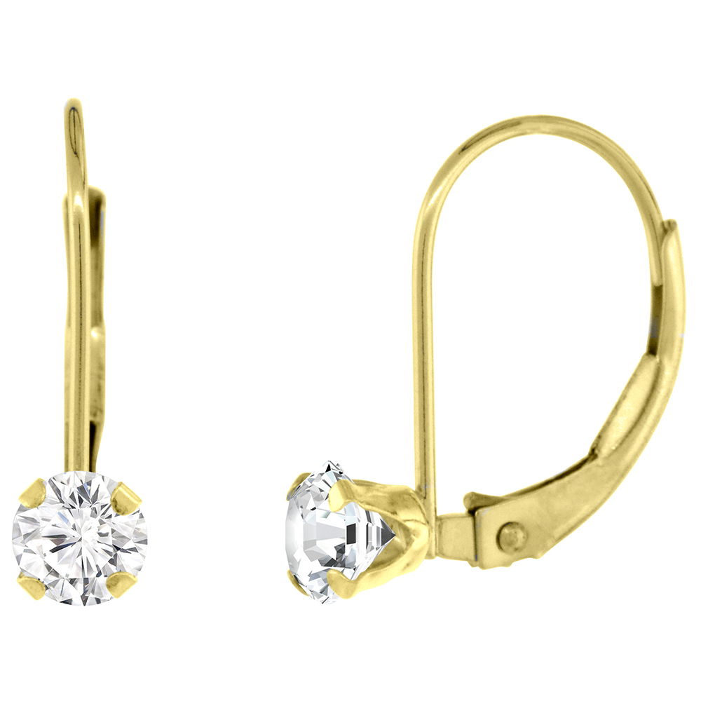 4MM 10K YELLOW GOLD CUBIC ZIRCONIA LEVERBACK EARRINGS ROUND 0.50 CT, 9/16 INCH