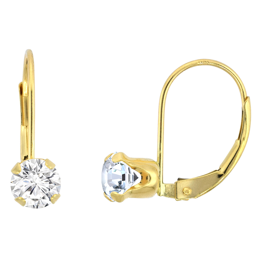 5MM 10K YELLOW GOLD CUBIC ZIRCONIA LEVERBACK EARRINGS ROUND 1 CT, 9/16 INCH