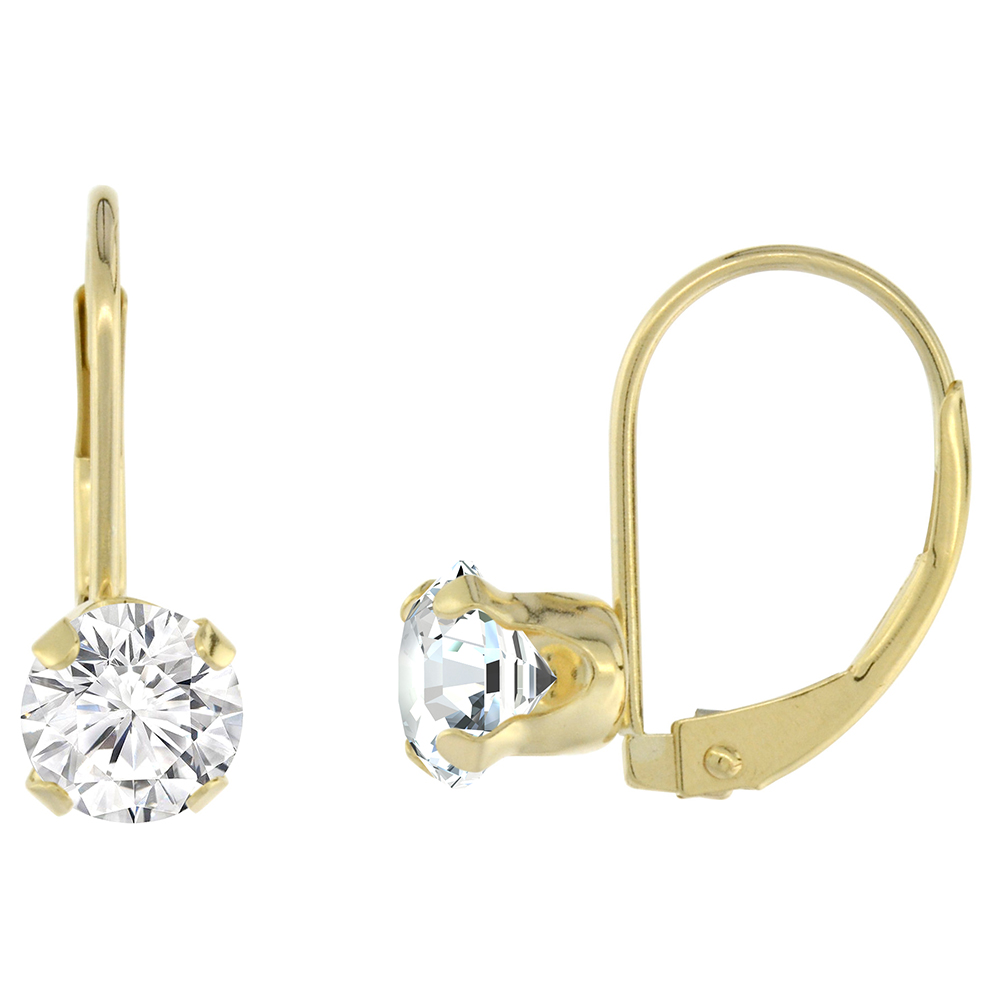 10K YELLOW GOLD CUBIC ZIRCONIA LEVERBACK EARRINGS 6MM ROUND 1.5 CT, 9/16 INCH