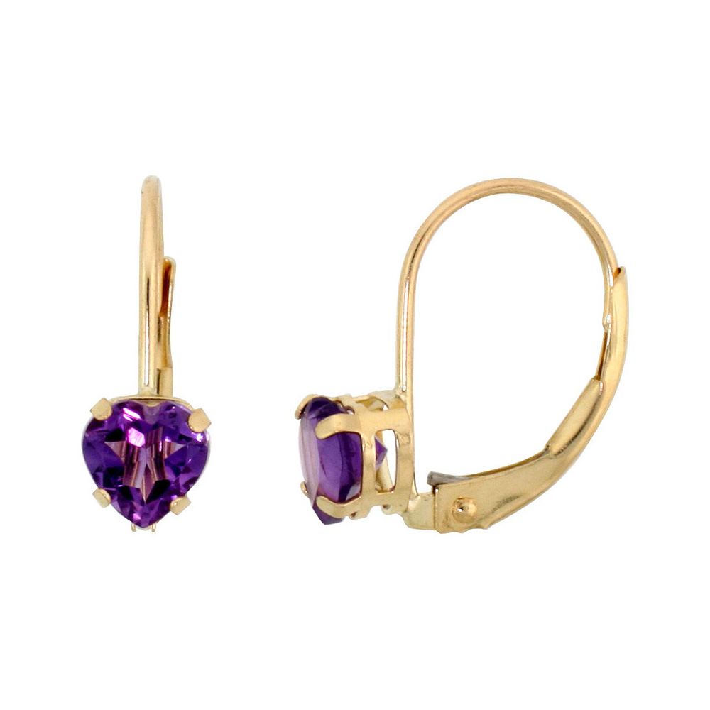 10K YELLOW GOLD NATURAL AMETHYST LEVERBACK EARRINGS 5MM HEART SHAPE 1 CT, 9/16 INCH