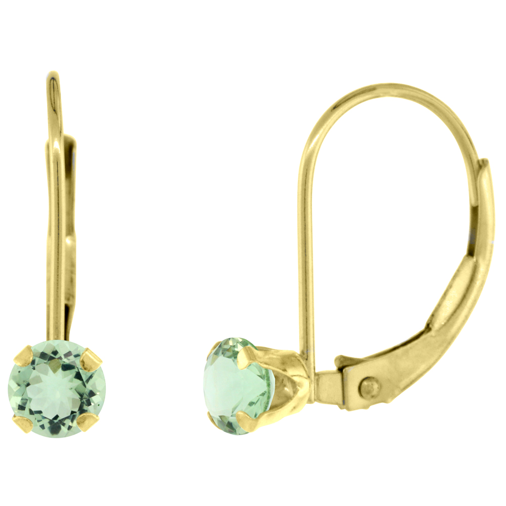 10K YELLOW GOLD NATURAL GREEN AMETHYST LEVERBACK EARRINGS 4MM ROUND 0.50 CT, 9/16 INCH