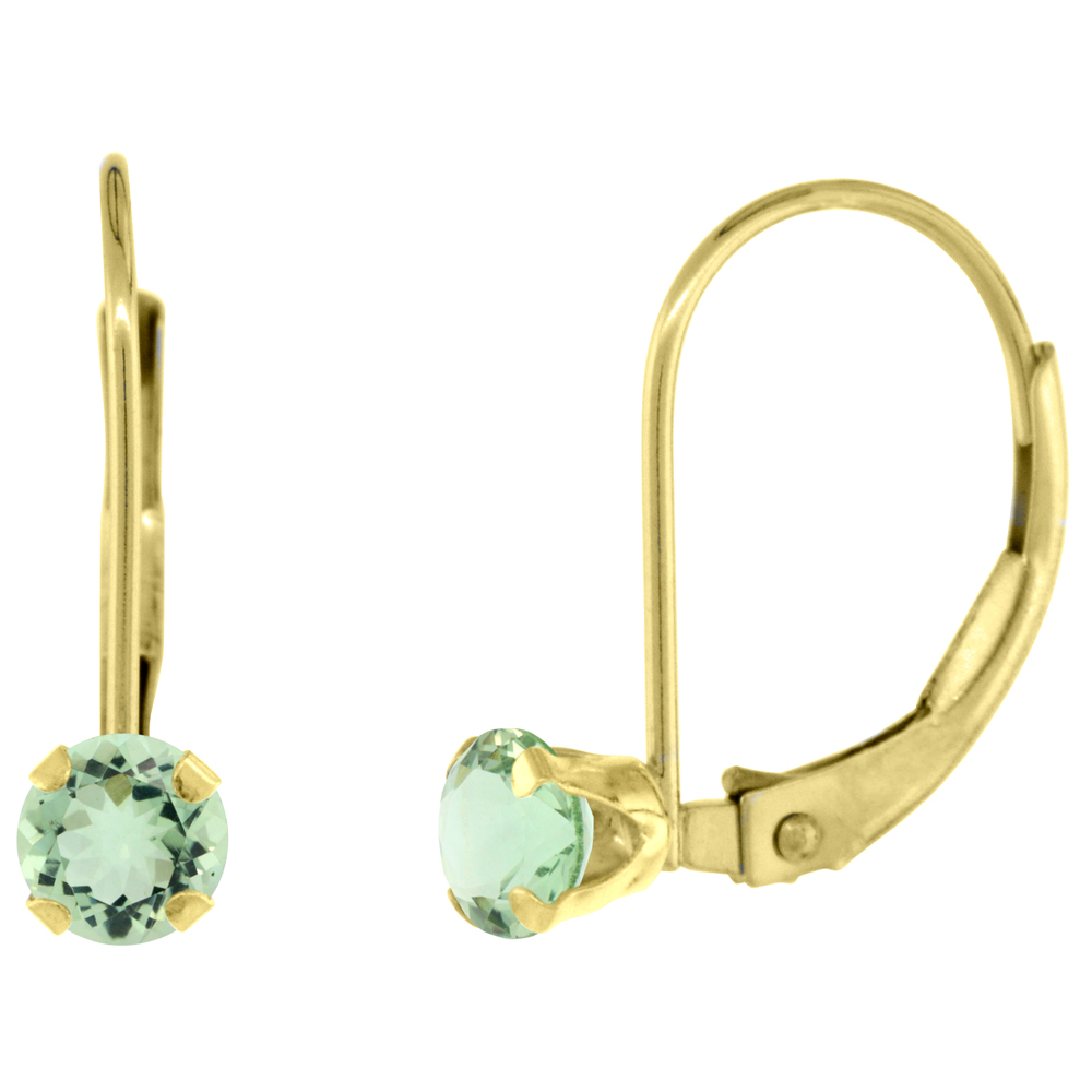 10k Yellow Gold Natural Green Amethyst Leverback Earrings 4mm Round 0.50 ct, 9/16 inch