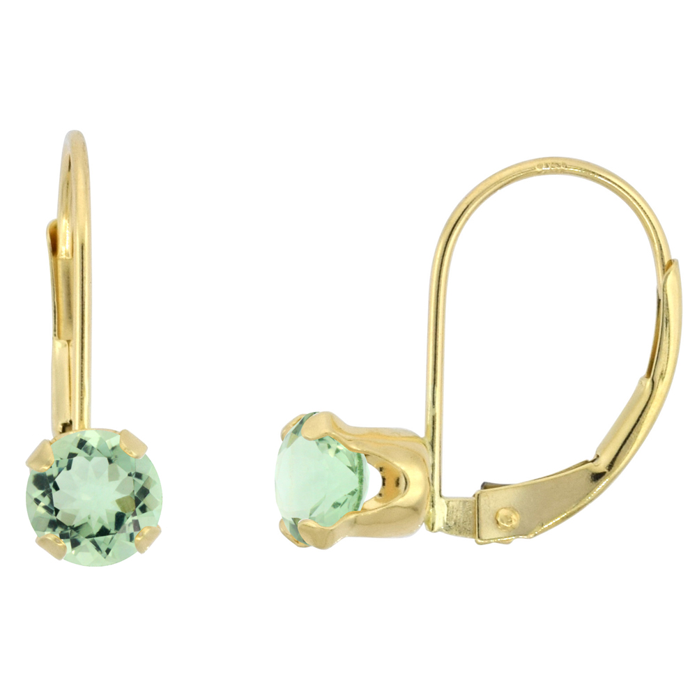 10K YELLOW GOLD NATURAL GREEN AMETHYST LEVERBACK EARRINGS 5MM ROUND 1 CT, 9/16 INCH