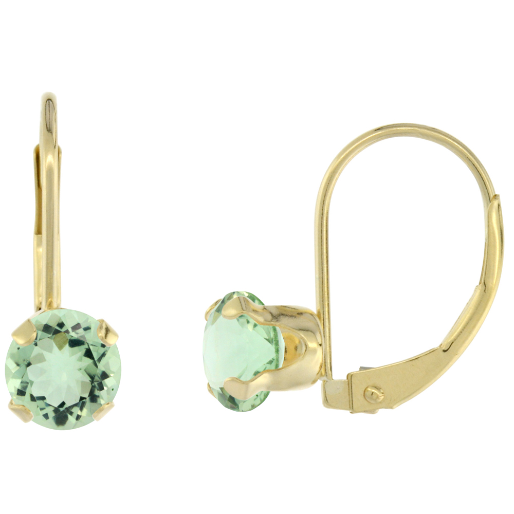 10K YELLOW GOLD NATURAL GREEN AMETHYST LEVERBACK EARRINGS 6MM ROUND 1.5 CT, 9/16 INCH