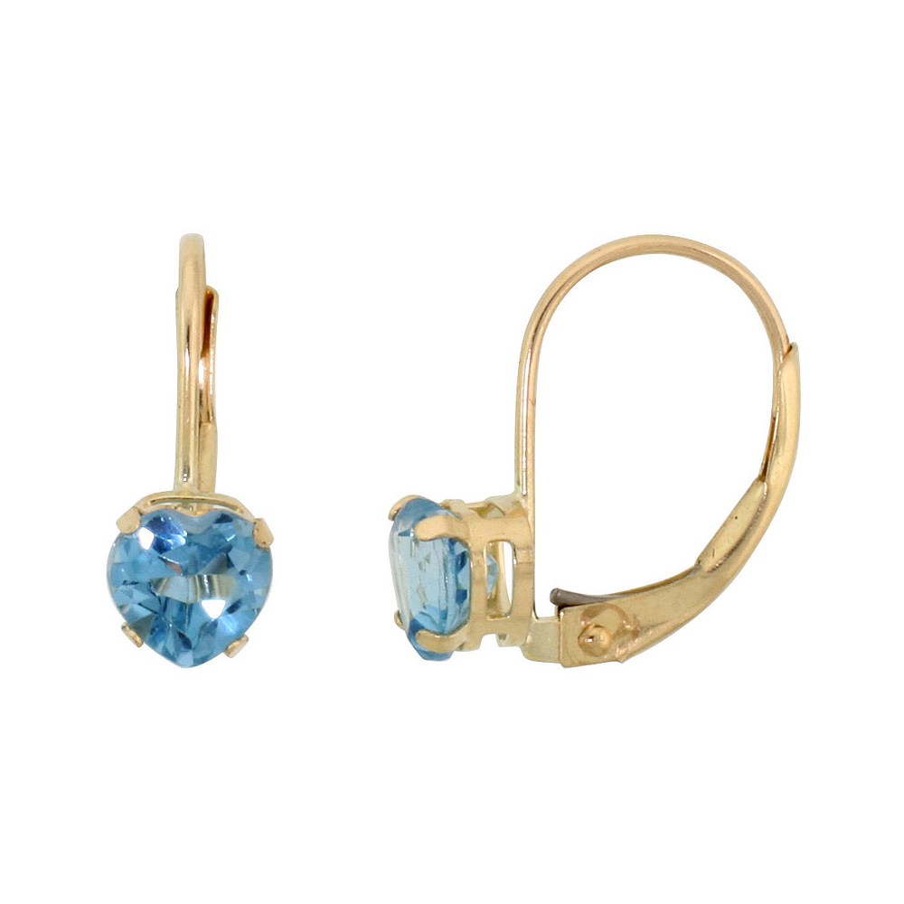 10K YELLOW GOLD NATURAL BLUE TOPAZ LEVERBACK EARRINGS 5MM HEART SHAPE 1 CT, 9/16 INCH