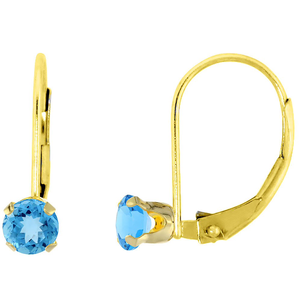 10k Yellow Gold Natural Swiss Blue Topaz Leverback Earrings 3mm Round 0.22 ct, 9/16 inch