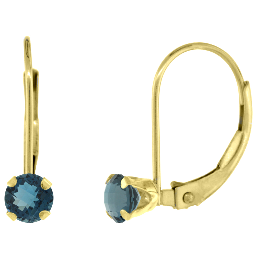 10K YELLOW GOLD NATURAL SWISS BLUE TOPAZ LEVERBACK EARRINGS 4MM ROUND 0.50 CT, 9/16 INCH