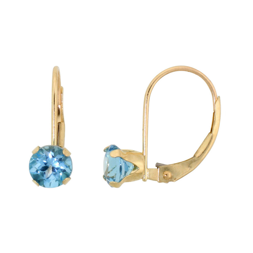10K YELLOW GOLD NATURAL SWISS BLUE TOPAZ LEVERBACK EARRINGS 5MM ROUND 1 CT, 9/16 INCH