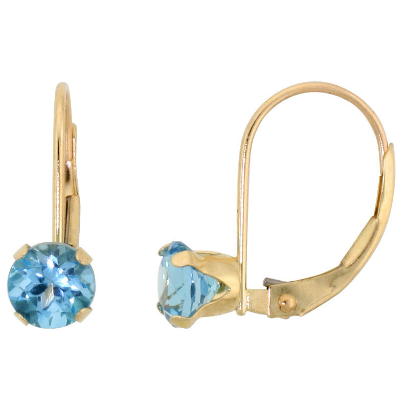10k Yellow Gold Natural Blue Topaz Leverback Earrings 5mm Round 1 ct, 9/16 inch