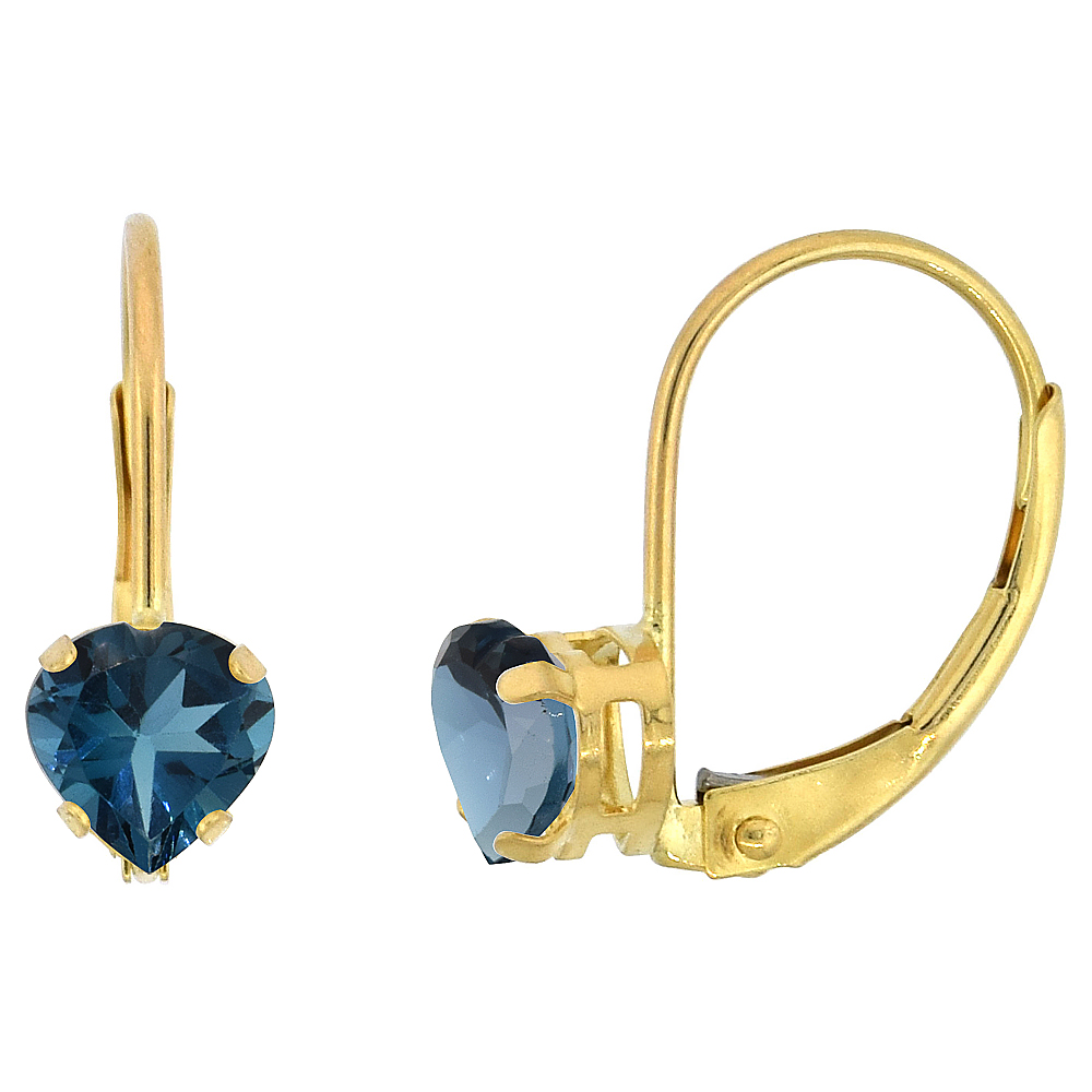 10K YELLOW GOLD NATURAL LONDON BLUE TOPAZ LEVERBACK EARRINGS 5MM HEART SHAPE 1 CT, 9/16 INCH