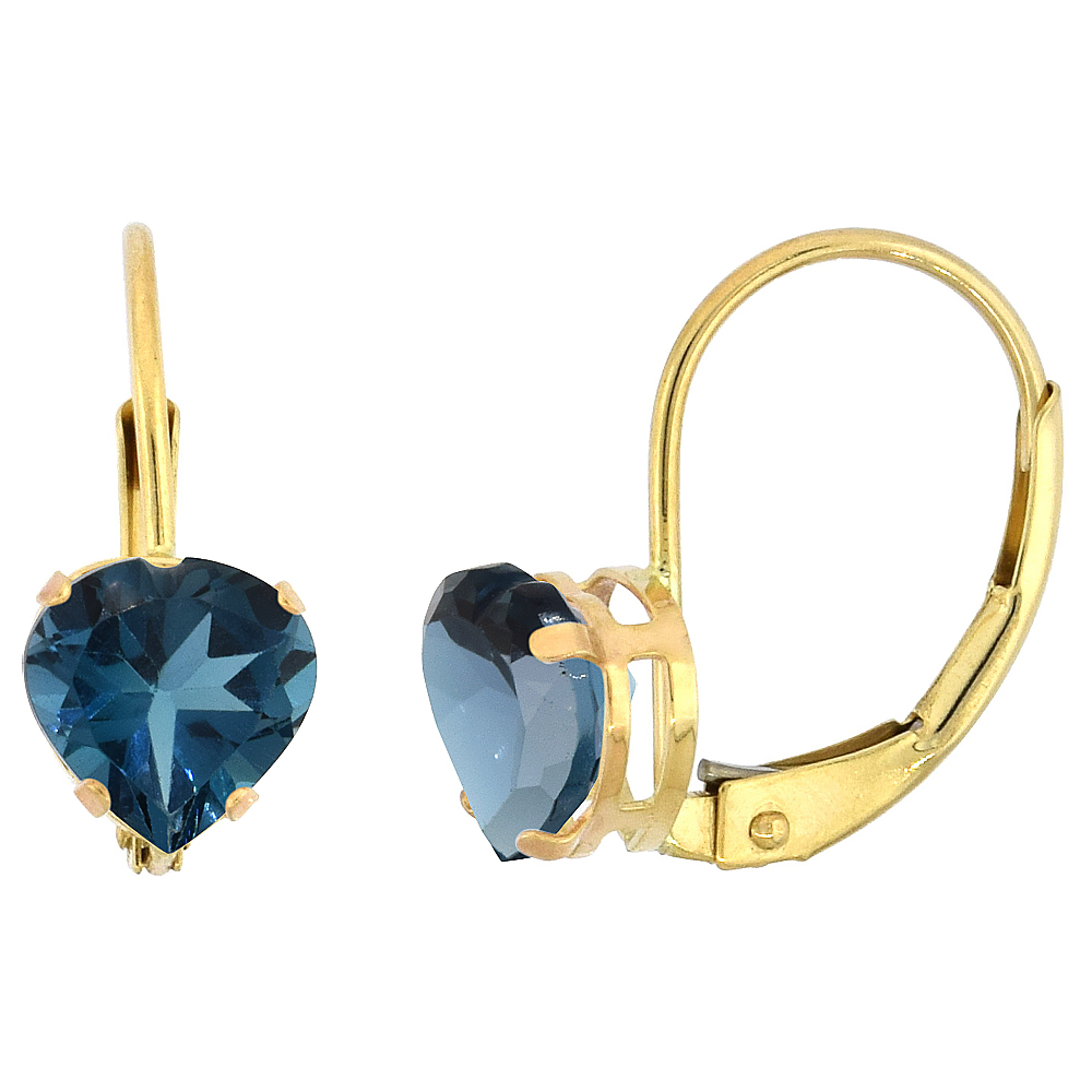 10K YELLOW GOLD NATURAL LONDON BLUE TOPAZ LEVERBACK EARRINGS 6MM HEART SHAPE 1.5 CT, 9/16 INCH