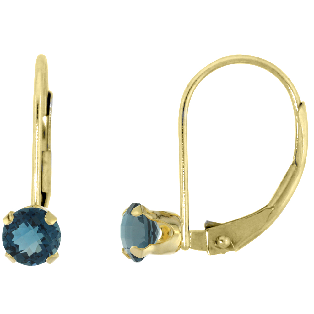 10k Yellow Gold Natural London Blue Topaz Leverback Earrings 3mm Round 0.22 ct, 9/16 inch