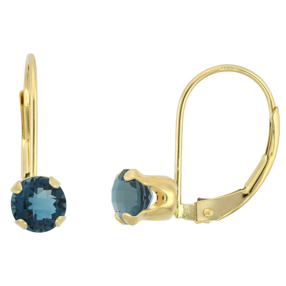 10K YELLOW GOLD NATURAL LONDON BLUE TOPAZ LEVERBACK EARRINGS 5MM ROUND 1 CT, 9/16 INCH