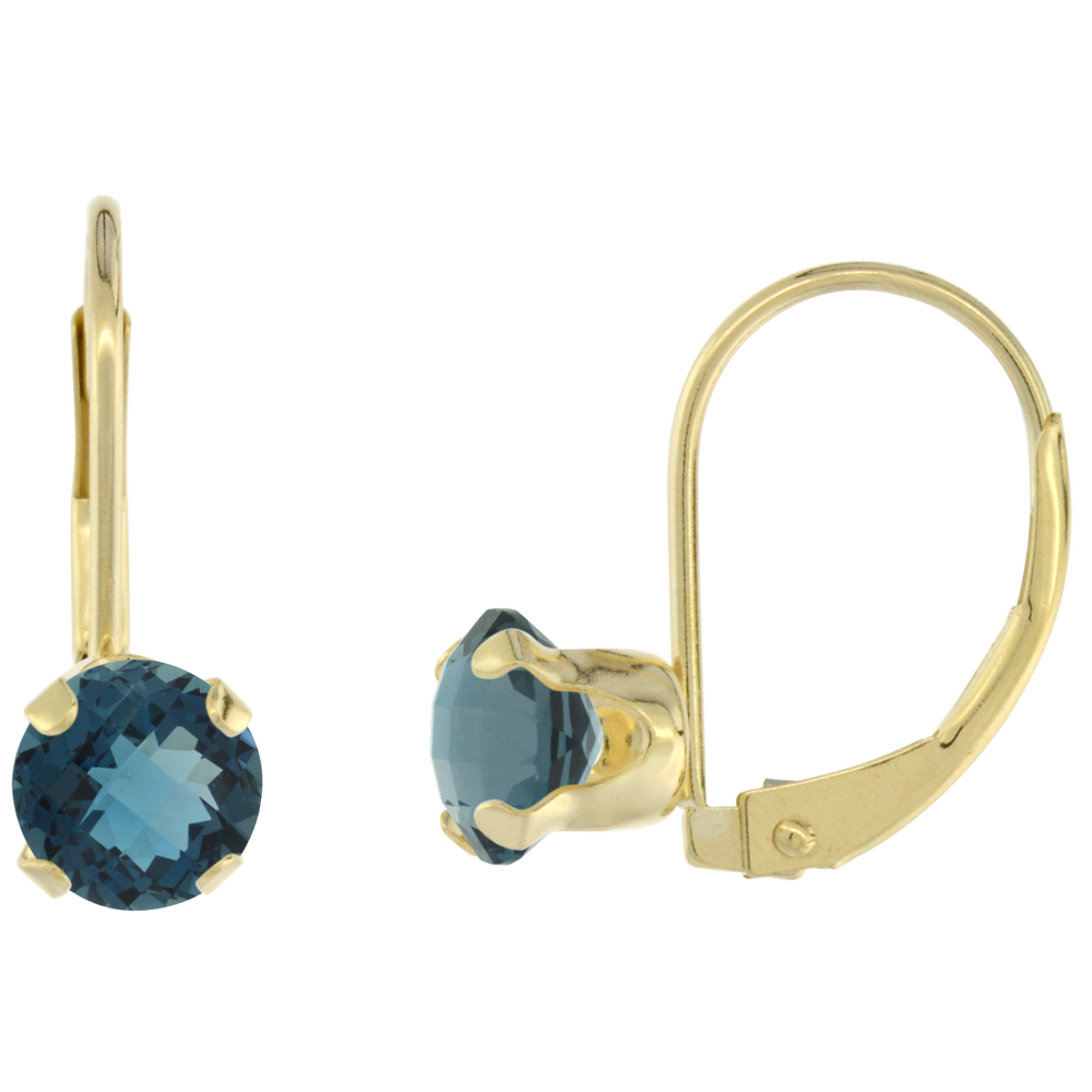 10k Yellow Gold Natural London Blue Topaz Leverback Earrings 6mm Round 1.5 ct, 9/16 inch