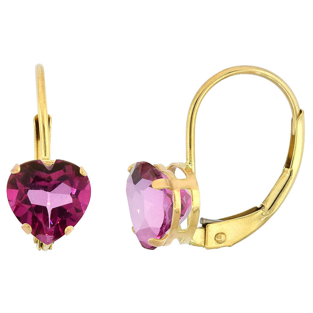 10k Yellow Gold Natural Pink Topaz Leverback Earrings 6mm Heart Shape 1.5 ct, 9/16 inch