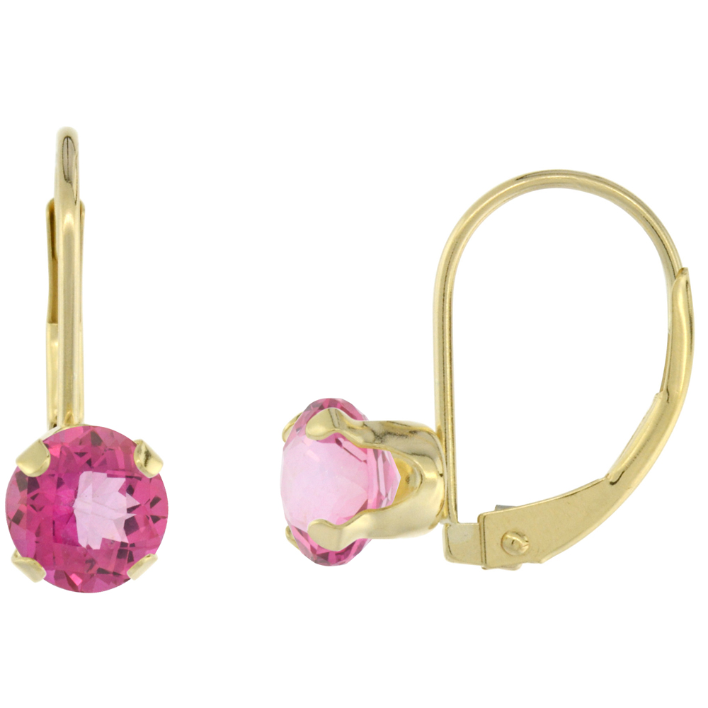 10k Yellow Gold Natural Pink Topaz Leverback Earrings 6mm Round 1.5 ct, 9/16 inch