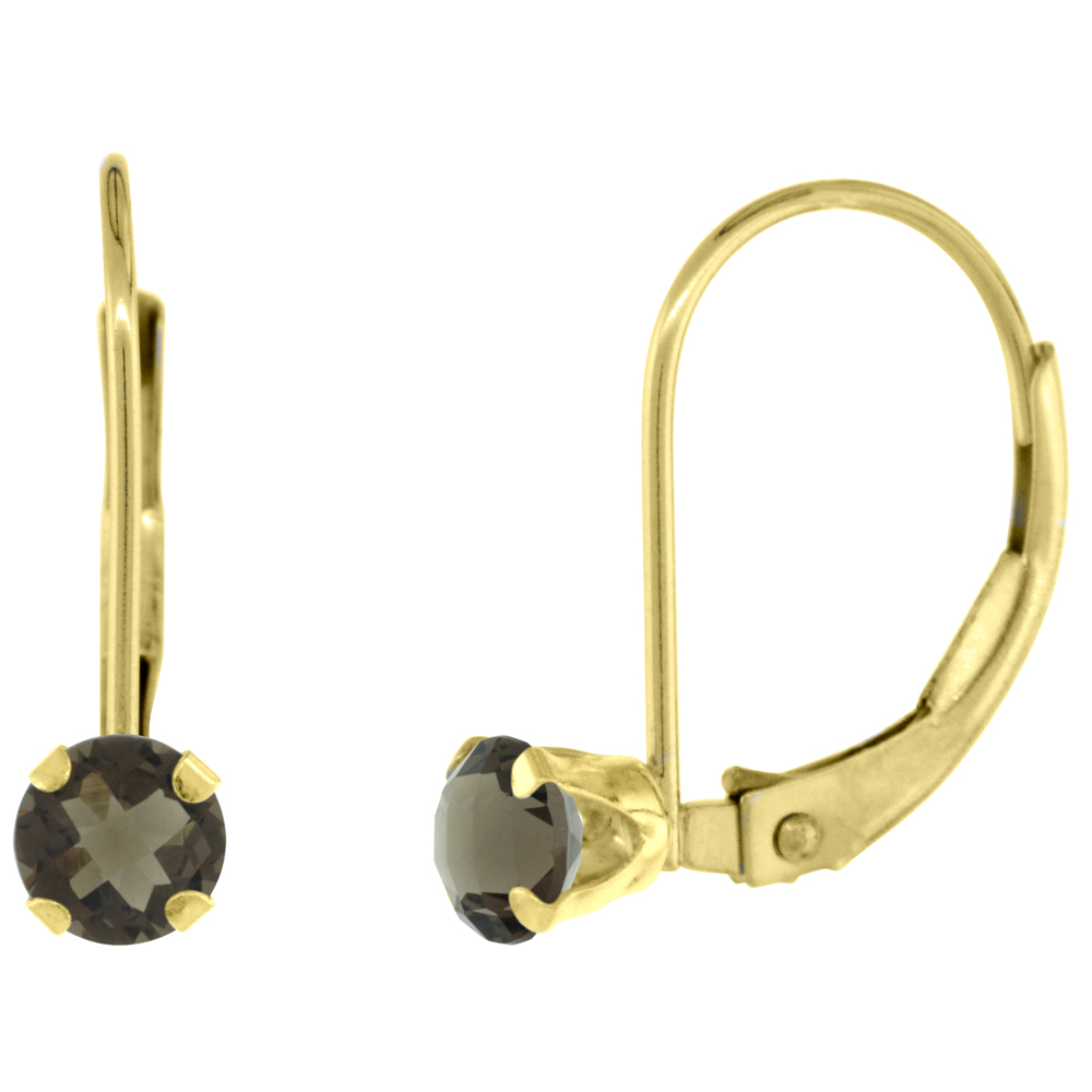 10K YELLOW GOLD NATURAL SMOKY TOPAZ LEVERBACK EARRINGS 4MM ROUND 0.50 CT, 9/16 INCH