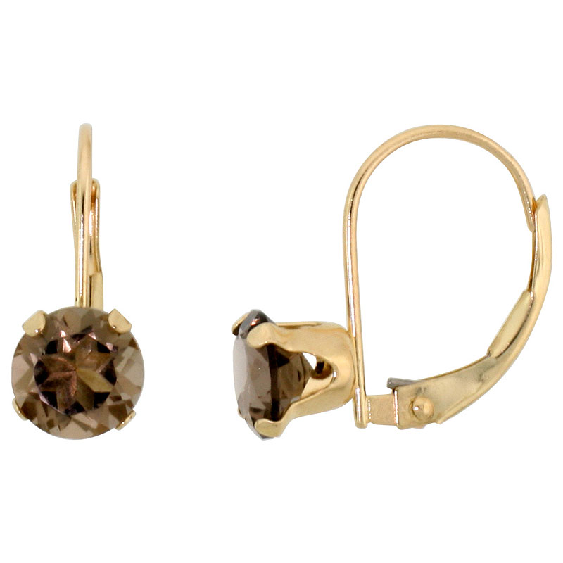 10k Yellow Gold Natural Smoky Topaz Leverback Earrings 6mm Round 1.5 ct, 9/16 inch