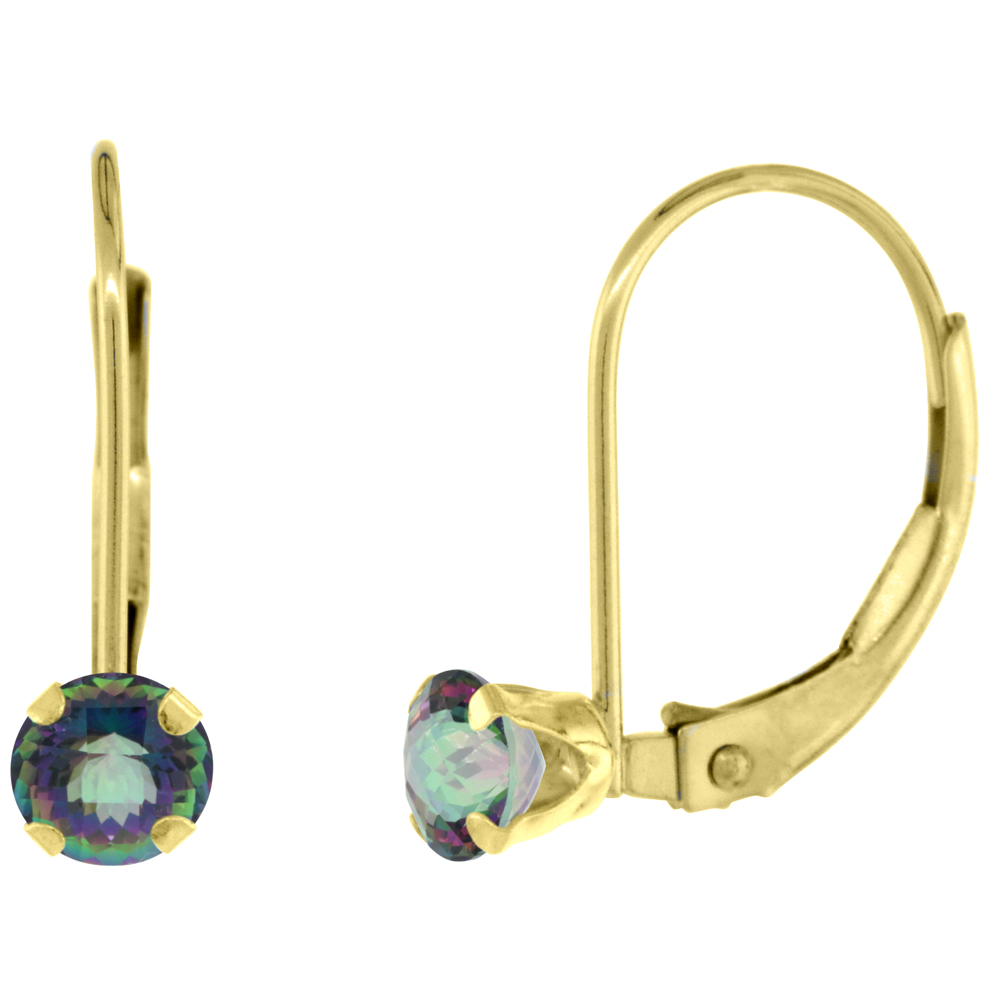 10k Yellow Gold Natural Mystic Topaz Leverback Earrings 4mm Round 0.50 ct, 9/16 inch