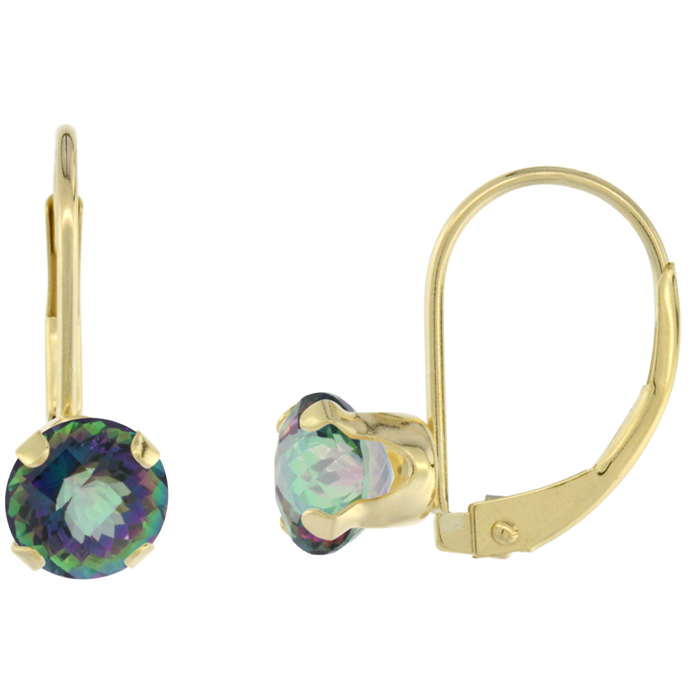 10k Yellow Gold Natural Mystic Topaz Leverback Earrings 6mm Round 1.5 ct, 9/16 inch