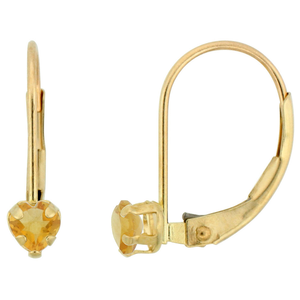 10k Yellow Gold Natural Citrine Leverback Earrings 4mm Heart Shape 0.50 ct, 9/16 inch