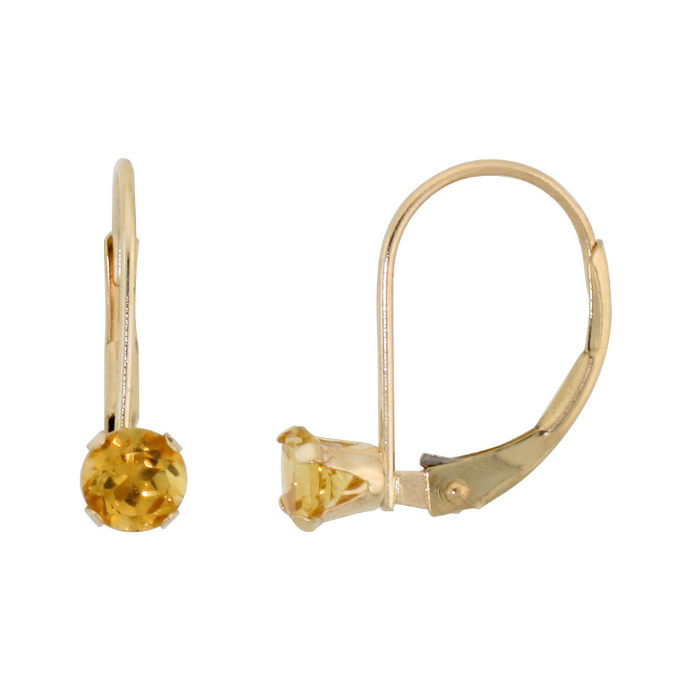10K YELLOW GOLD NATURAL CITRINE LEVERBACK EARRINGS 4MM ROUND 0.50 CT, 9/16 INCH