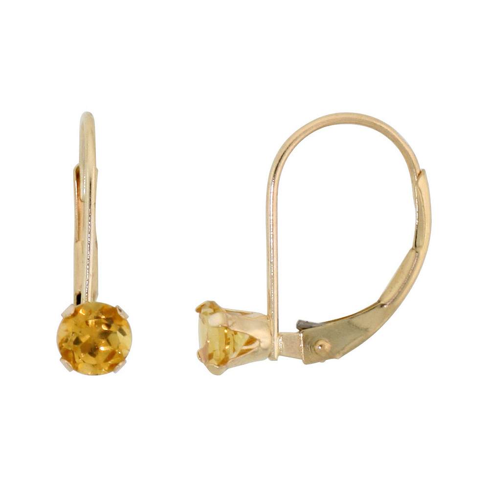 10k Yellow Gold Natural Citrine Leverback Earrings 4mm Round 0.50 ct, 9/16 inch