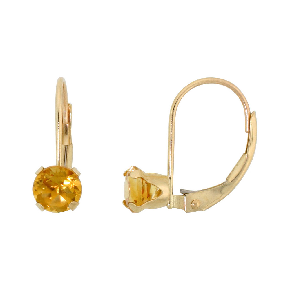 10k Yellow Gold Natural Citrine Leverback Earrings 5mm Round 1 ct, 9/16 inch