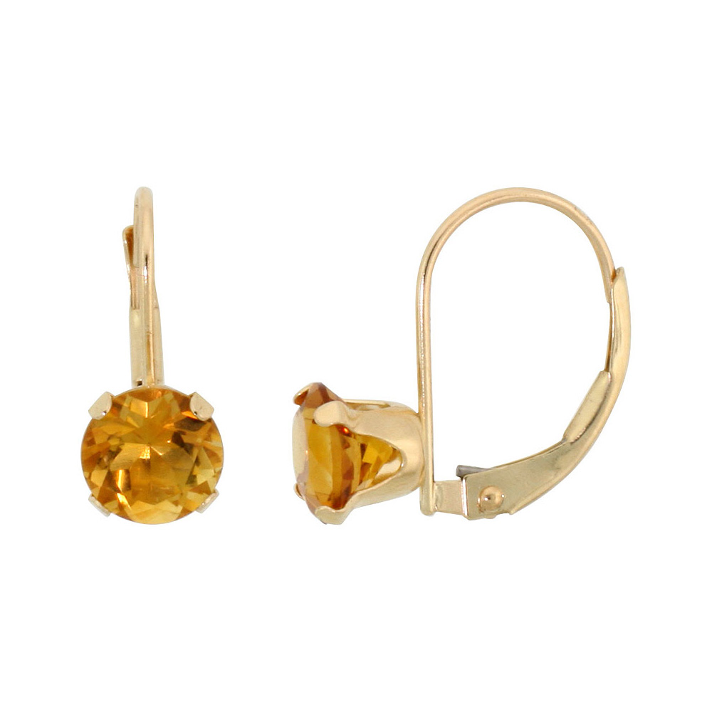 10k Yellow Gold Natural Citrine Leverback Earrings 6mm Round 1.5 ct, 9/16 inch