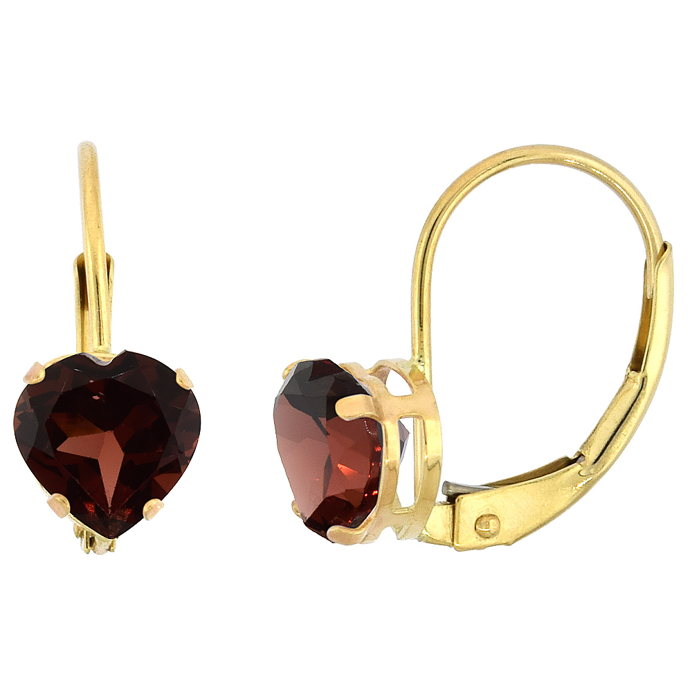 10k Yellow Gold Natural Garnet Leverback Earrings 6mm Heart Shape 1.5 ct, 9/16 inch