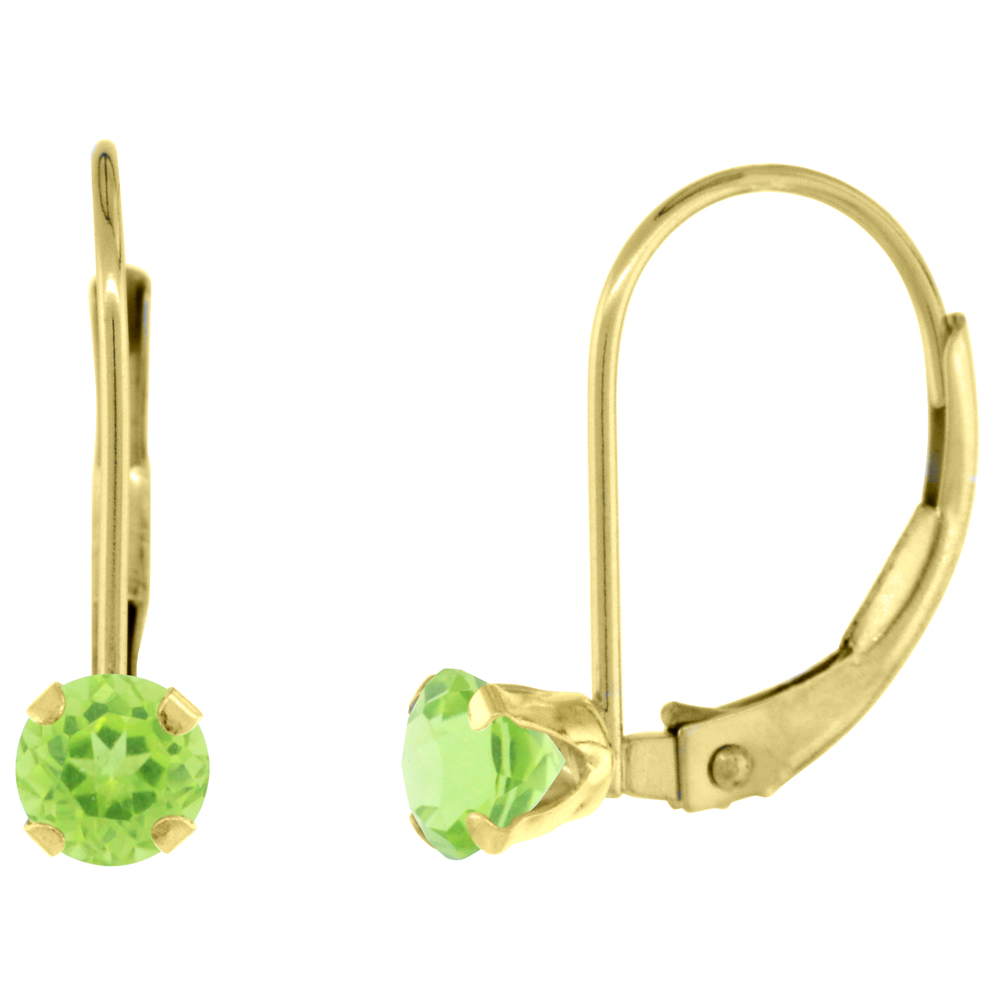 10K YELLOW GOLD NATURAL PERIDOT LEVERBACK EARRINGS 4MM ROUND 0.50 CT, 9/16 INCH