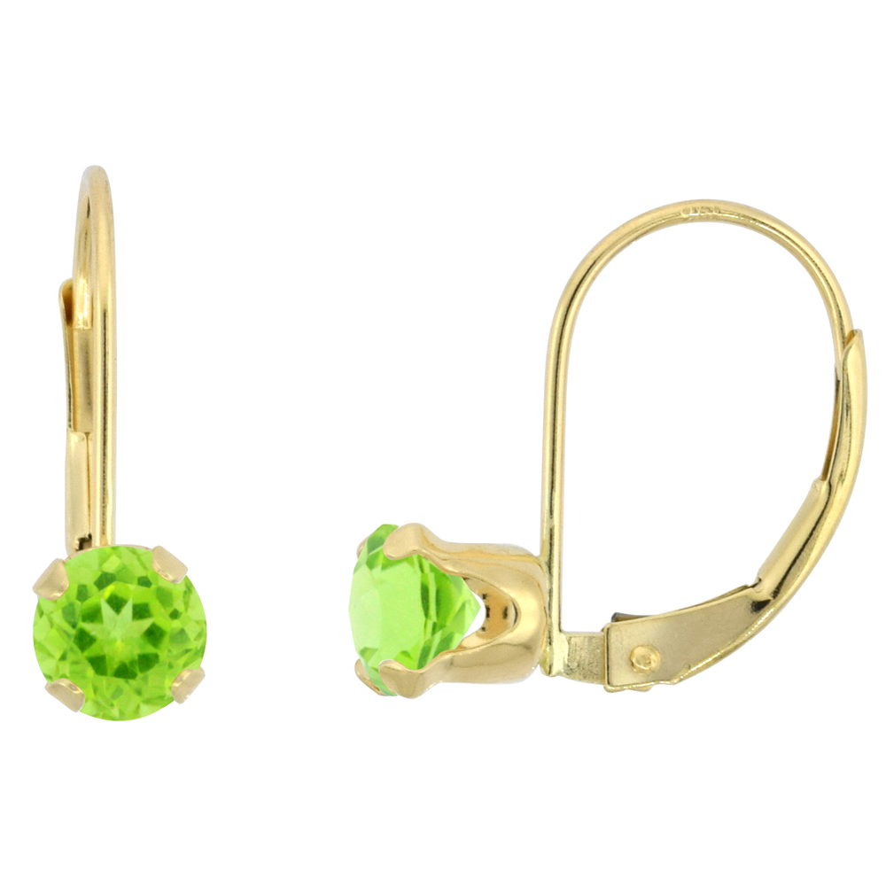 10k Yellow Gold Natural Peridot Leverback Earrings 5mm Round 1 ct, 9/16 inch