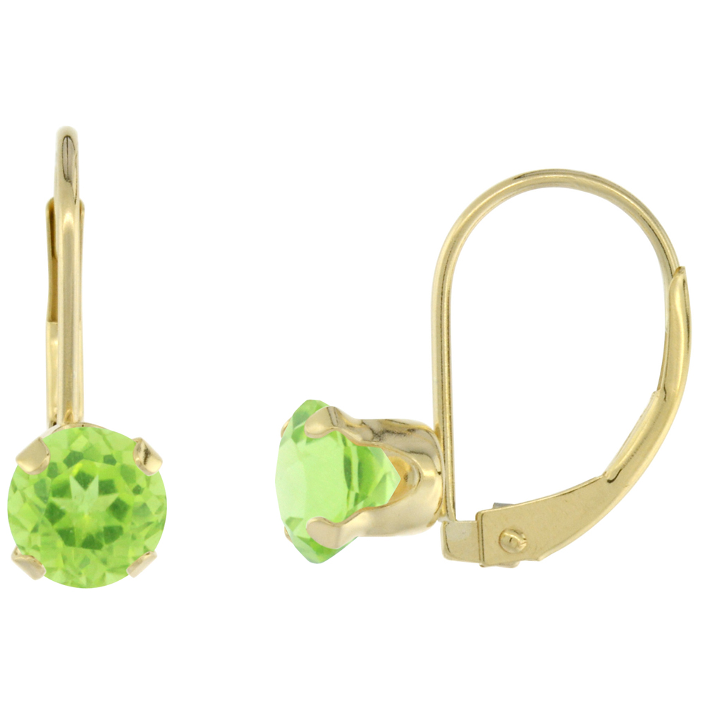 10K YELLOW GOLD NATURAL PERIDOT LEVERBACK EARRINGS 6MM ROUND 1.5 CT, 9/16 INCH