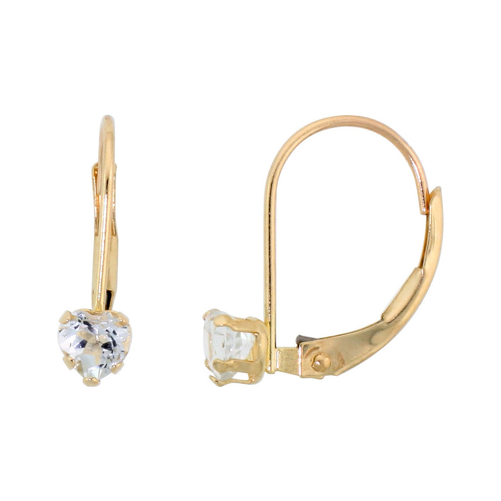 10K YELLOW GOLD NATURAL AQUAMARINE LEVERBACK EARRINGS 4MM HEART SHAPE 0.50 CT, 9/16 INCH