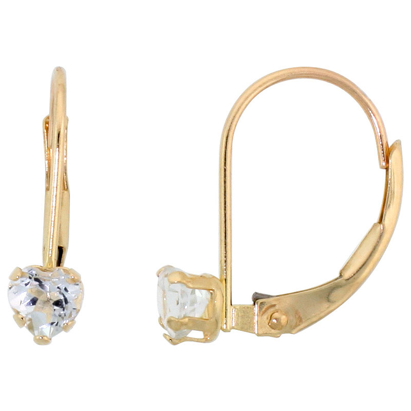 10k Yellow Gold Natural Aquamarine Leverback Earrings 4mm Heart Shape 0.50 ct, 9/16 inch