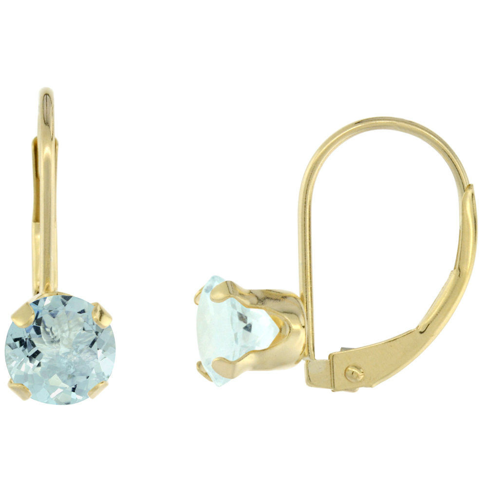 10k Yellow Gold Natural Aquamarine Leverback Earrings 6mm Round 1.5 ct, 9/16 inch