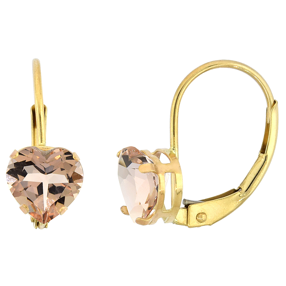 10K YELLOW GOLD NATURAL MORGANITE LEVERBACK EARRINGS 6MM HEART SHAPE 1.5 CT, 9/16 INCH