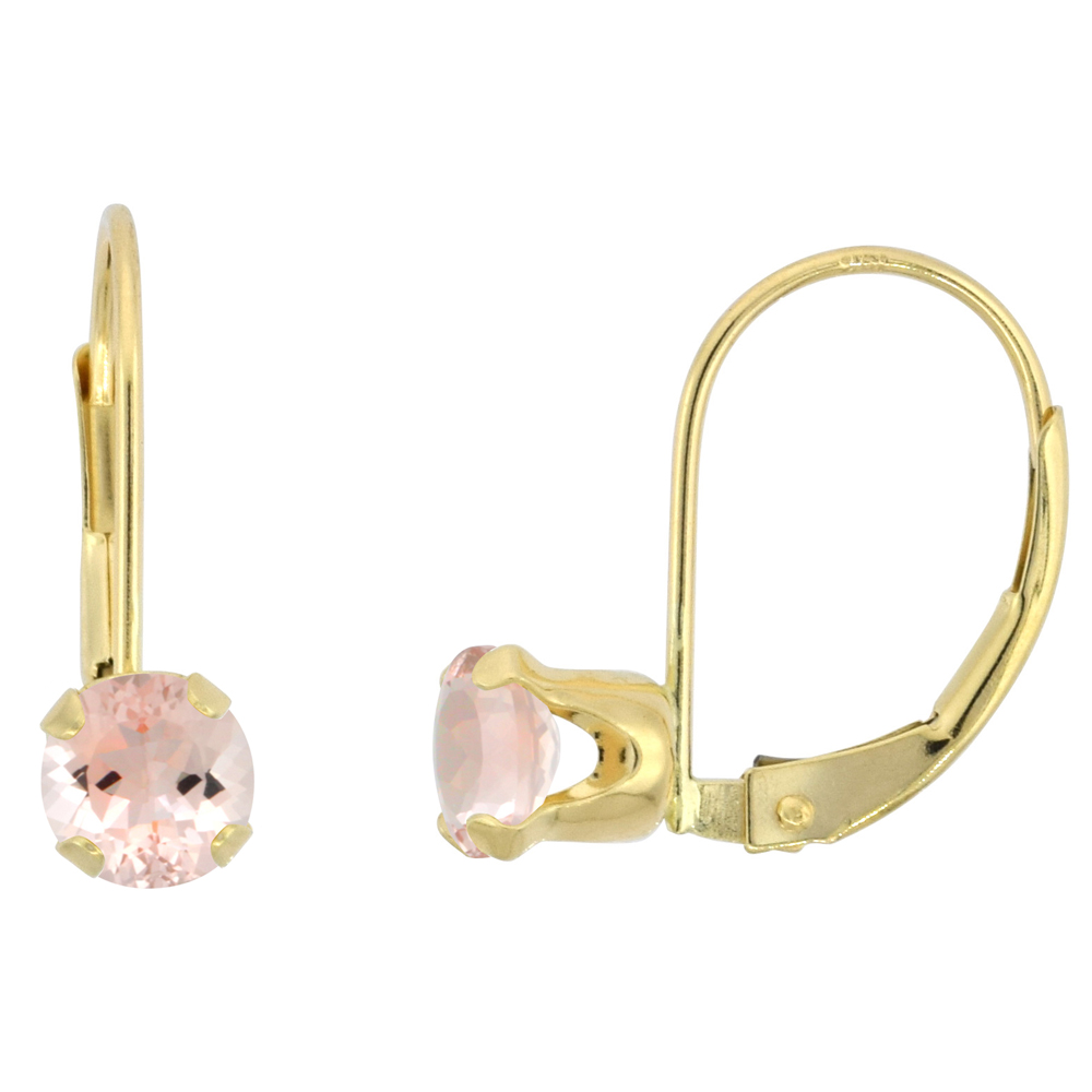 10K YELLOW GOLD NATURAL MORGANITE LEVERBACK EARRINGS 5MM ROUND 1 CT, 9/16 INCH