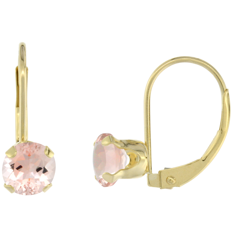 10K YELLOW GOLD NATURAL MORGANITE LEVERBACK EARRINGS 6MM ROUND 1.5 CT, 9/16 INCH