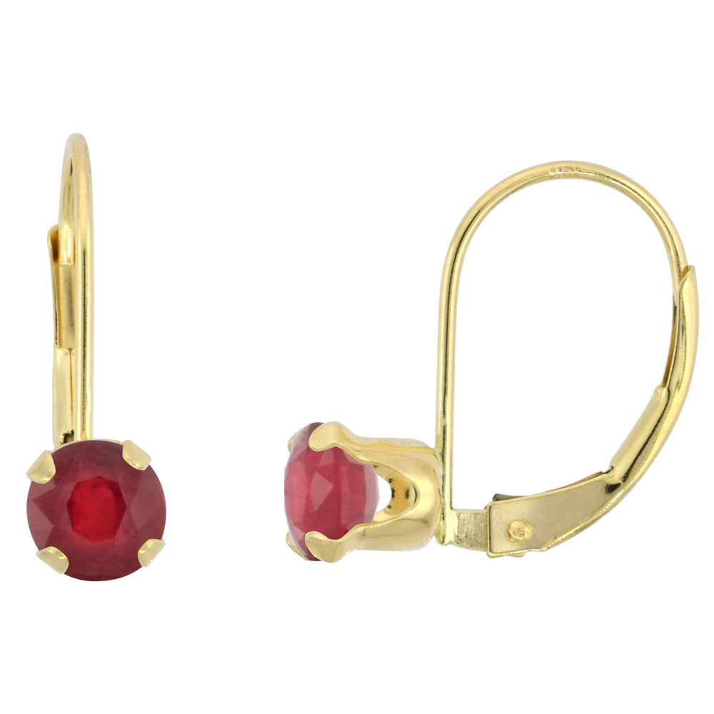 10k Yellow Gold Enhanced Ruby Leverback Earrings 5mm Round 1 ct, 9/16 inch