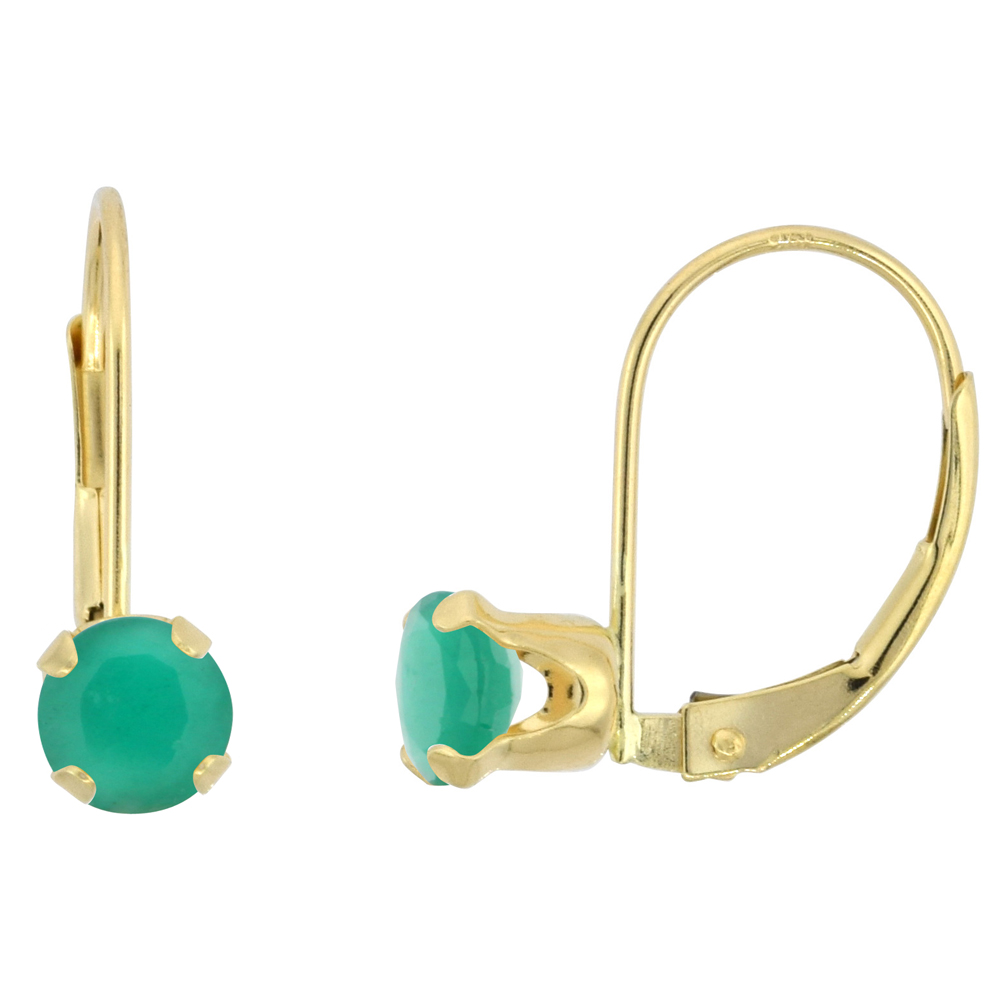 10k Yellow Gold Natural Emerald Leverback Earrings 5mm Round 1 ct, 9/16 inch