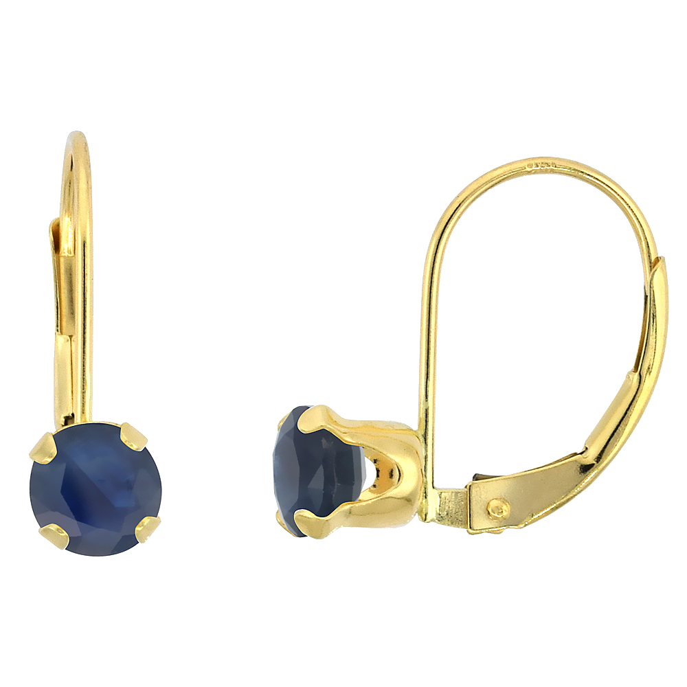 10K YELLOW GOLD NATURAL BLUE SAPPHIRE LEVERBACK EARRINGS 5MM ROUND 1 CT, 9/16 INCH
