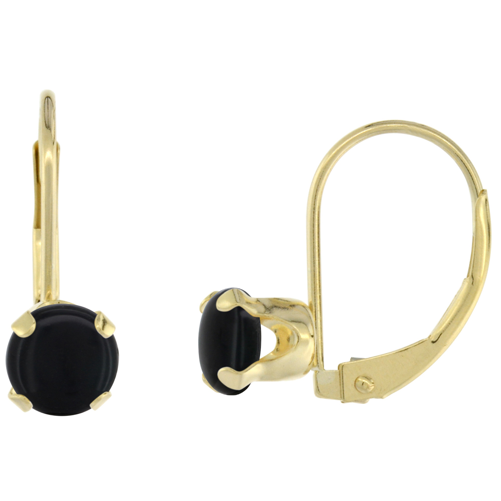 10k Yellow Gold Natural Black Onyx Leverback Earrings 6mm Round 1.5 ct, 9/16 inch