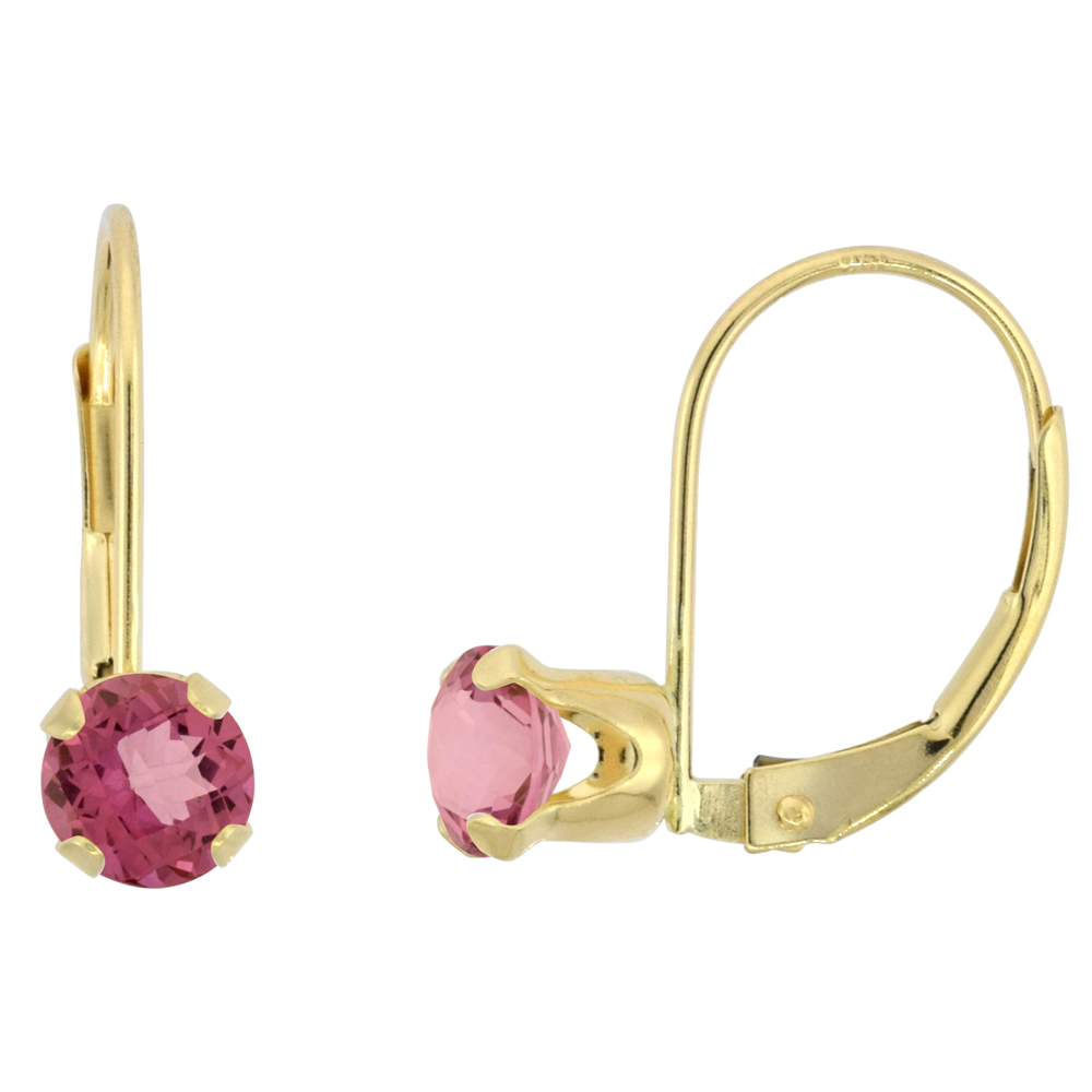 10K YELLOW GOLD NATURAL RHODOLITE LEVERBACK EARRINGS 5MM ROUND 1 CT, 9/16 INCH