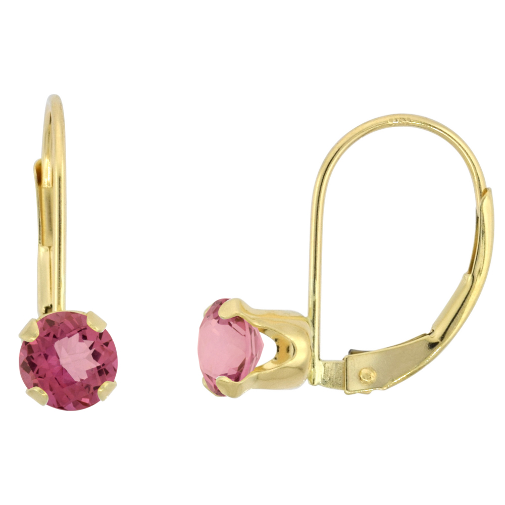 10k Yellow Gold Natural Rhodolite Leverback Earrings 5mm Round 1 ct, 9/16 inch
