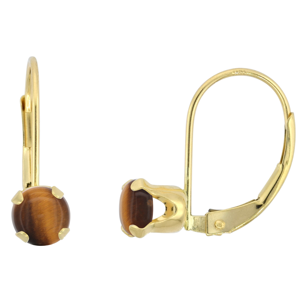 10K YELLOW GOLD NATURAL TIGER EYE LEVERBACK EARRINGS 5MM ROUND 1 CT, 9/16 INCH
