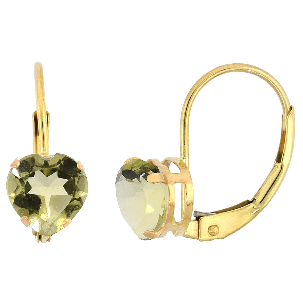 10K YELLOW GOLD NATURAL LEMON QUARTZ LEVERBACK EARRINGS 6MM HEART SHAPE 1.5 CT, 9/16 INCH