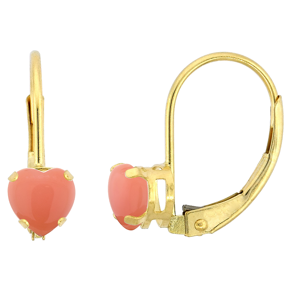 10K YELLOW GOLD NATURAL CORAL LEVERBACK EARRINGS 4MM HEART SHAPE 0.50 CT, 9/16 INCH